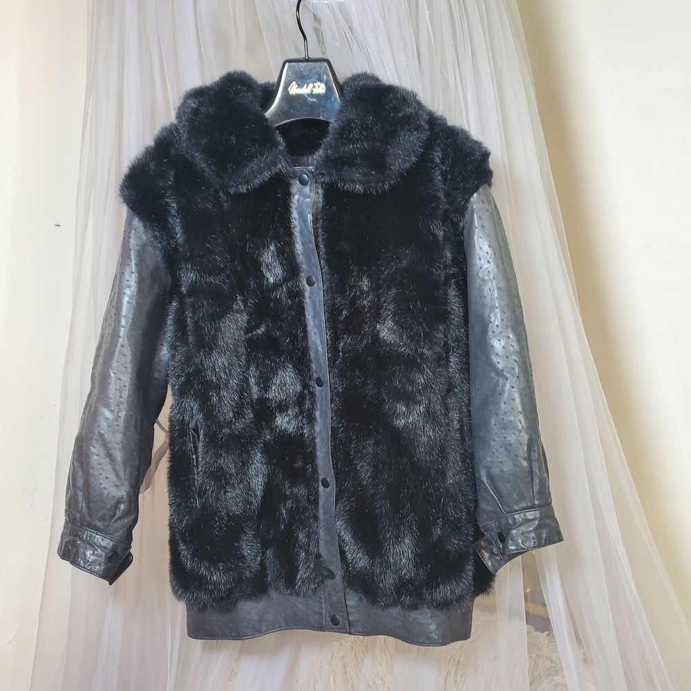 Dubrowsky & Perlbinder Vtg Black Faux Fur/Leather Mink Coat Jacket Whimsgoth 2X